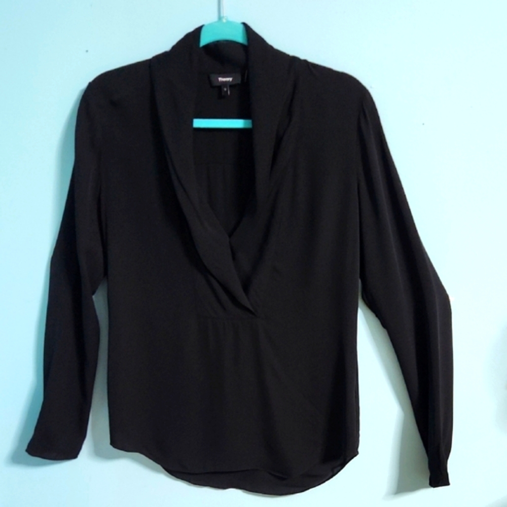 Theory Black Draped Blouse with V-Neck